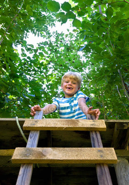 Улыбающийся мальчик сидит в домике на дереве — стоковое фото