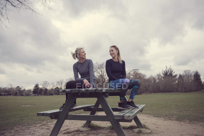 Mujeres con ropa deportiva sentadas en mesa de picnic charlando - foto de stock