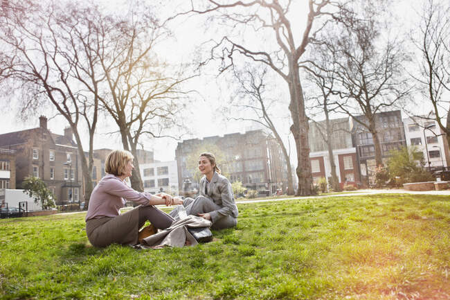 Zwei Geschäftsfrauen sitzen auf Gras im Park — Stockfoto