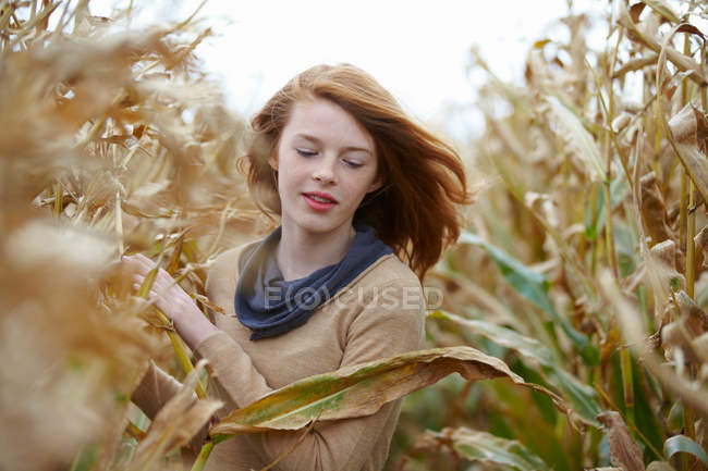Adolescente caminhando no campo de milho, foco em primeiro plano — Fotografia de Stock