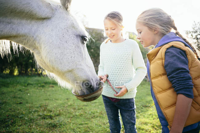 Dos niñas alimentando a caballo en el jardín rural - foto de stock