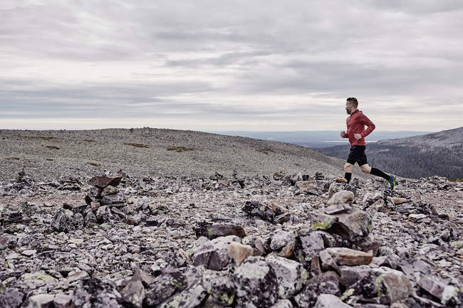 Man trail running on rocky cliff top, Kesankitunturi, Lapland, Finlândia — Fotografia de Stock