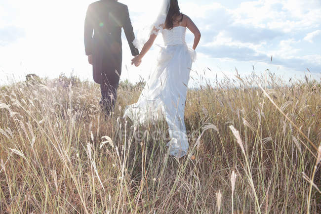Newlywed couple holding hands in grass — Stock Photo