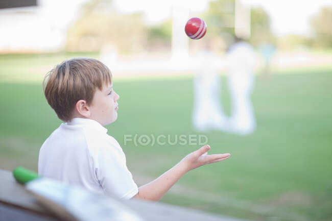 Rapaz captura bola de críquete — Fotografia de Stock