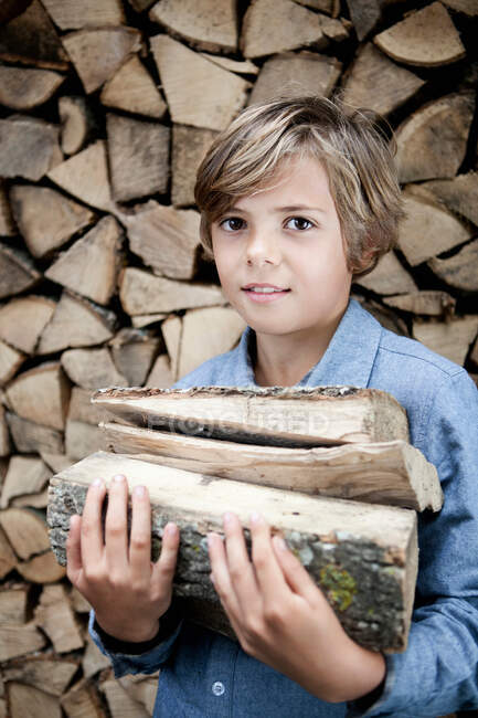 Garçon portant du bois de chauffage à l'extérieur — Photo de stock