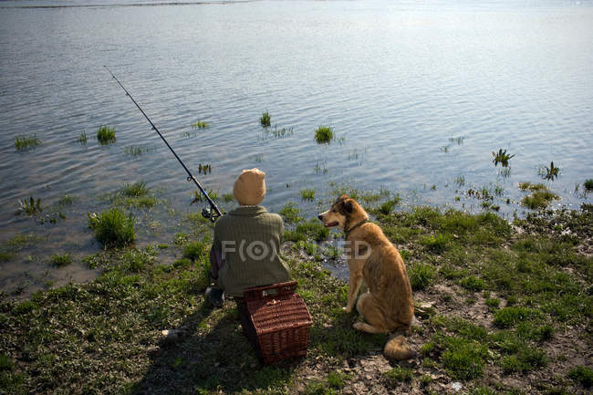 Junge angelt mit Hund auf Fluss, Rückansicht — Stockfoto