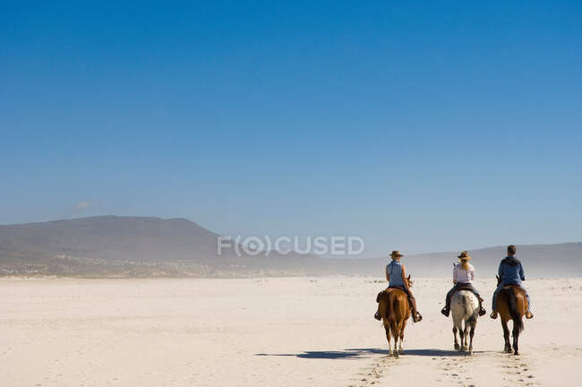 3 personnes à cheval sur la plage — Photo de stock
