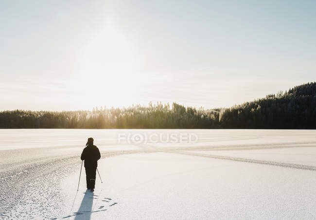 Visão traseira do homem nórdico caminhando pelo campo coberto de neve — Fotografia de Stock