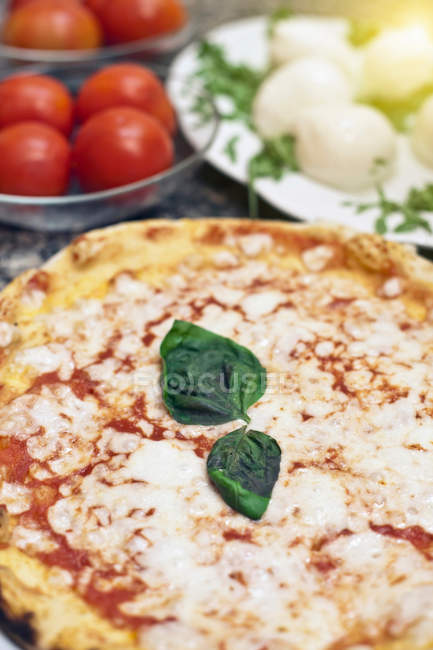 Basilikumblätter auf der Pizza — Stockfoto