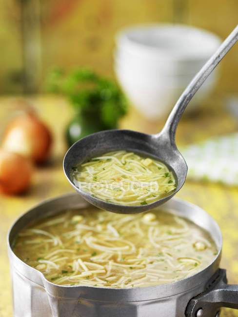 Cacerola y cucharón de sopa de fideos de pollo con cebolla, hierbas y caldo - foto de stock