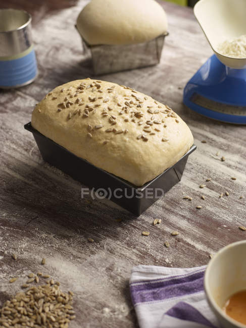 Freshly baked bread in loaf tin on table — Stock Photo