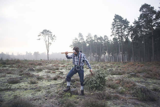 Maturo boscaiolo in piedi in foresta compensazione con ascia sopra la sua spalla — Foto stock