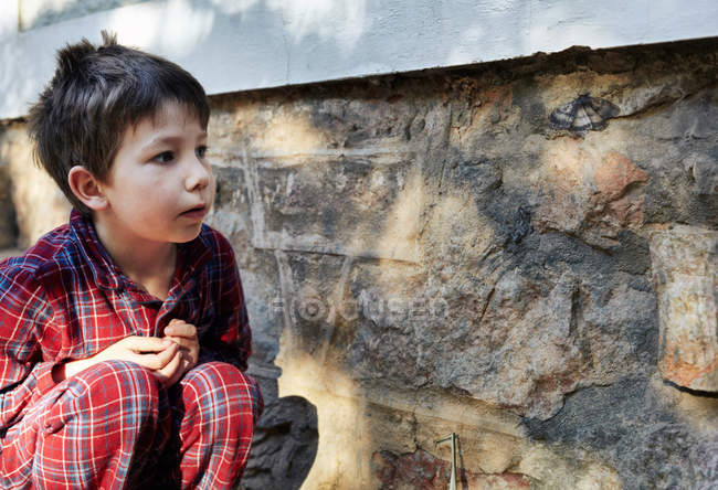 Chico examinando polilla en pared de piedra - foto de stock