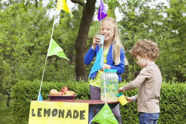 Siblings at lemonade stand in green summer garden — Stock Photo