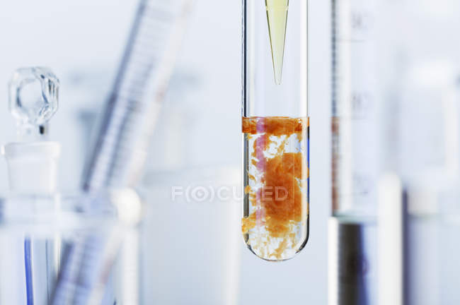 Primer plano de reacción química de dióxido de carbono en frasco de vidrio - foto de stock
