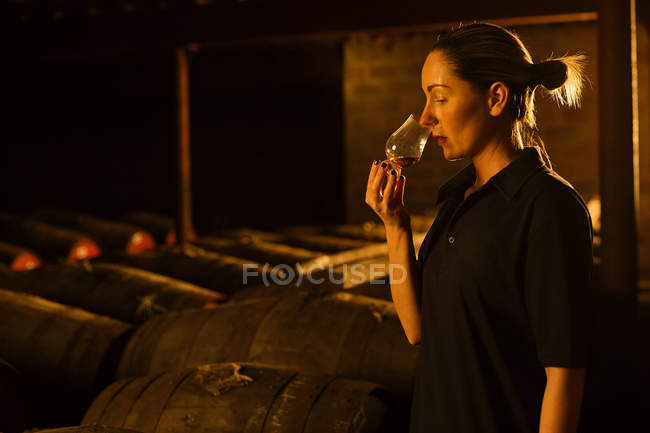 Degustadora hembra que huele whisky en vidrio en la destilería de whisky - foto de stock