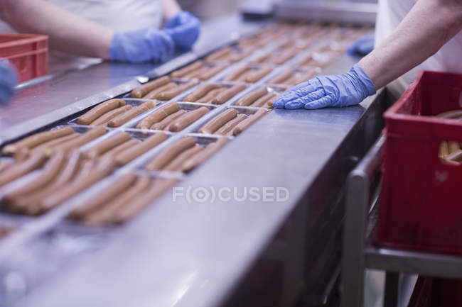 Image recadrée des travailleurs de l'usine sur la chaîne de production de saucisses de tofu — Photo de stock