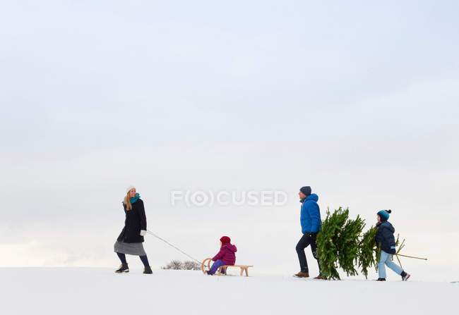 Famiglia che cammina insieme nella neve — Foto stock