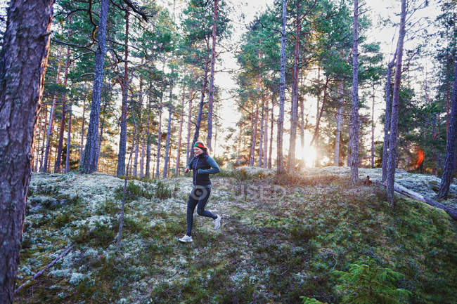 Женщина, бегущая в лесу зимой — стоковое фото