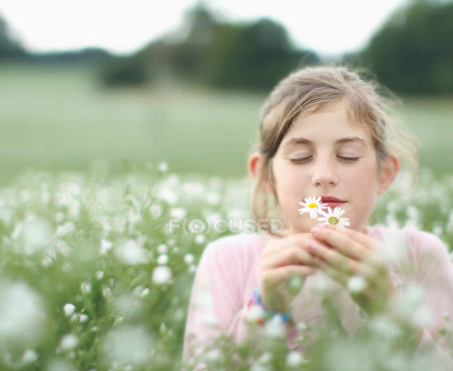 Menina cheirando flores no prado — Fotografia de Stock