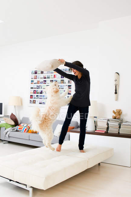 Frau spielt mit Hund im Wohnzimmer — Stockfoto