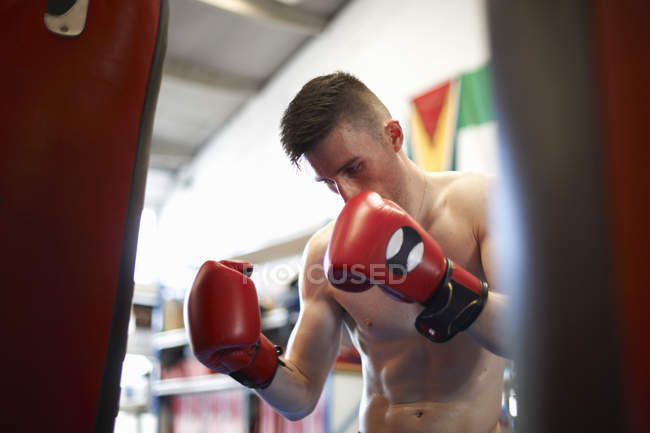 Boxer working out, using punch bag — Stock Photo