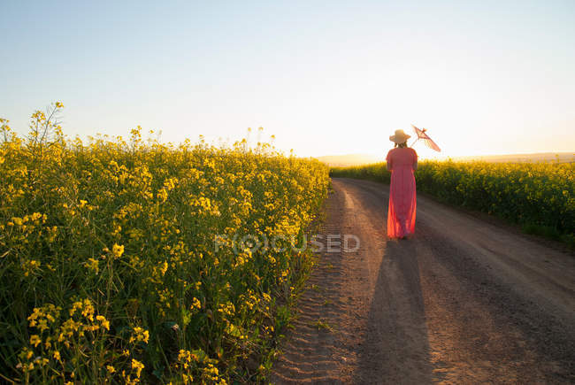 Женщина ходит по грунтовой дороге — стоковое фото