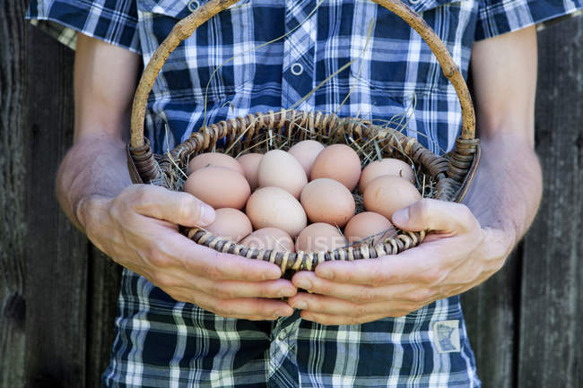 Чоловік тримає кошик з яйцями, крупним планом частковий вид — стокове фото