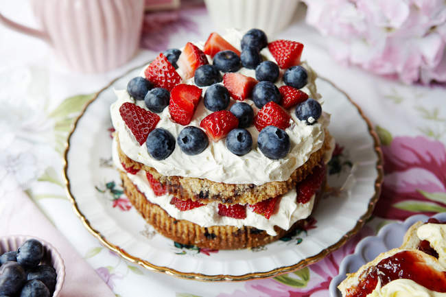 Plate of fruit and cream cake — Stock Photo