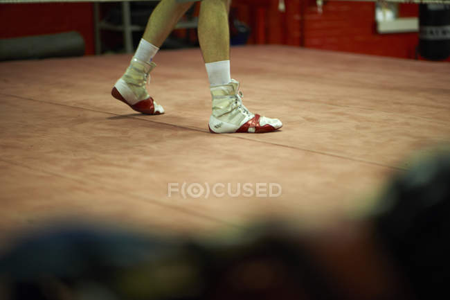 Giovanotto che si allena in palestra di boxe, indossa stivali da boxe, sezione bassa — Foto stock