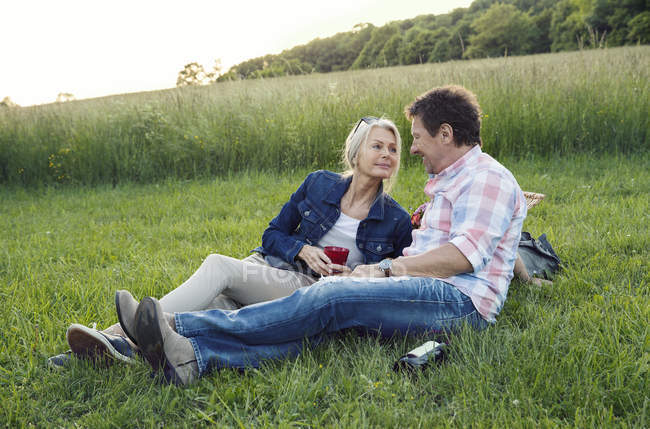 Mature couple on grass having picnic — Stock Photo