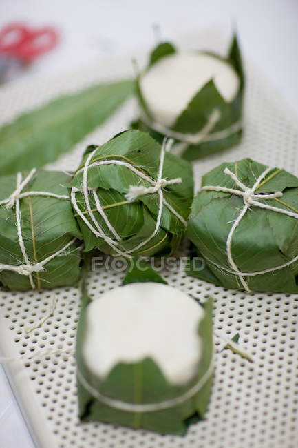 Pedaços de queijo de cabra embrulhados em folhas de uva verde — Fotografia de Stock
