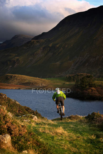 Vista trasera del ciclista de montaña en la ladera cubierta de hierba - foto de stock