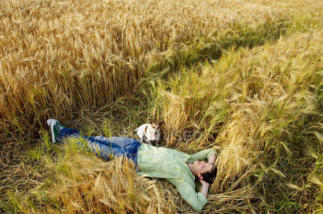 Man with dog laying down in wheat field — Stock Photo
