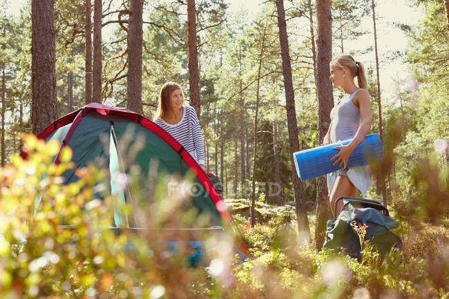 Frauen bauen Zeltplatz im Wald auf — Stockfoto