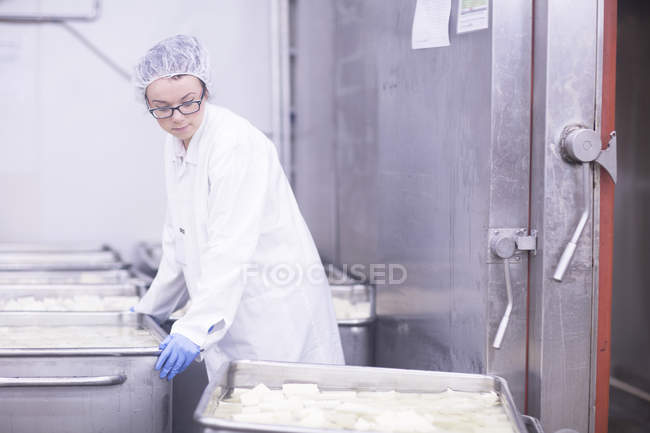 Trabajador de fábrica trabajando en fábrica de producción de alimentos - foto de stock