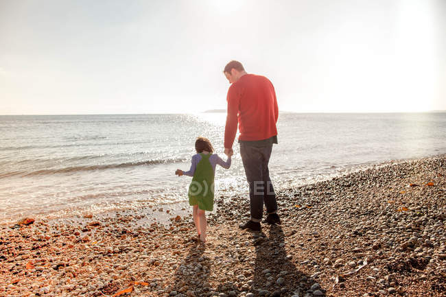 Padre e figlia in piedi sulla spiaggia, tenendosi per mano, vista posteriore — Foto stock