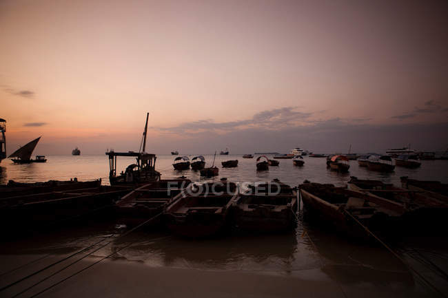 Barche attraccate sulla spiaggia sabbiosa al tramonto — Foto stock