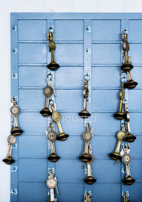 Chaves penduradas em ganchos na parede azul — Fotografia de Stock