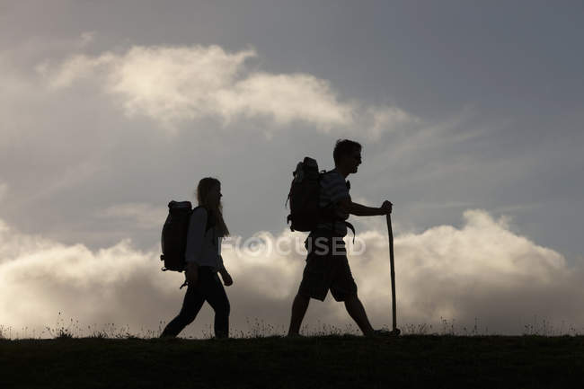 Dois caminhantes com mochilas andando em campo — Fotografia de Stock