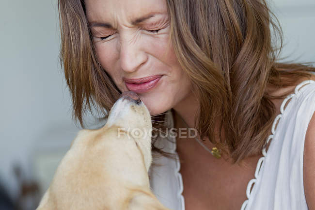 Усміхнена жінка грає з собакою — стокове фото
