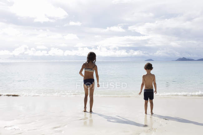 Hermano y hermana mirando al mar en la playa - foto de stock