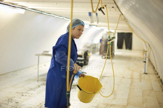 Female worker cleaning equipment in underground tunnel nursery, London, UK — Stock Photo