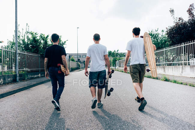 Vue arrière de jeunes hommes marchant sur le sentier portant des planches à roulettes — Photo de stock