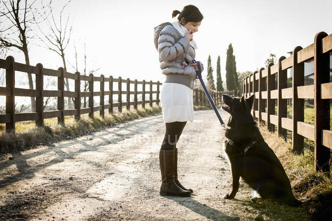 Mulher adulta média treinando seu cão para se sentar na estrada rural — Fotografia de Stock