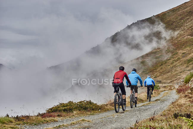 Tres hombres en bicicleta de montaña, Valais, Suiza - foto de stock