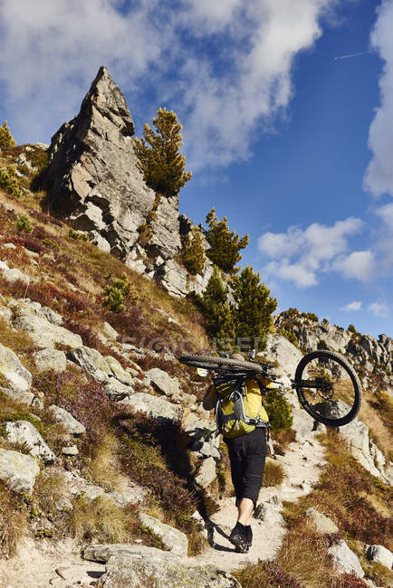 Mountain biker che trasporta bici, Vallese, Svizzera — Foto stock