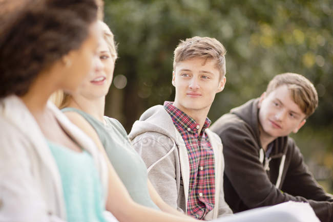 Cuatro amigos adultos jóvenes charlando en el parque - foto de stock