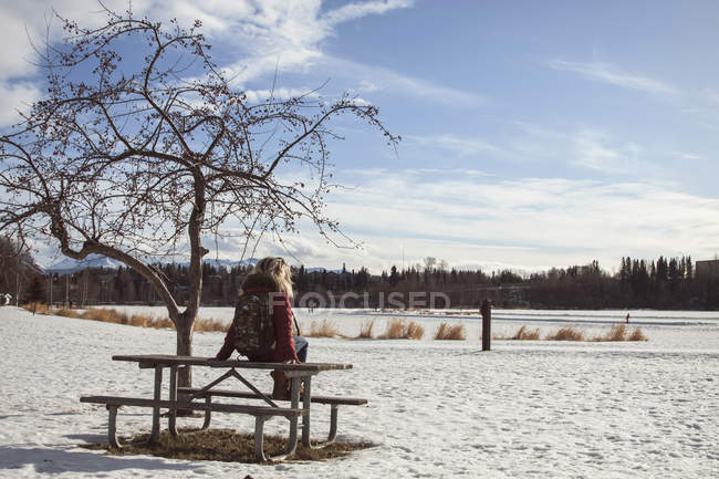 Молодая женщина сидит на скамейке для пикника, Анкоридж, Аляска — стоковое фото