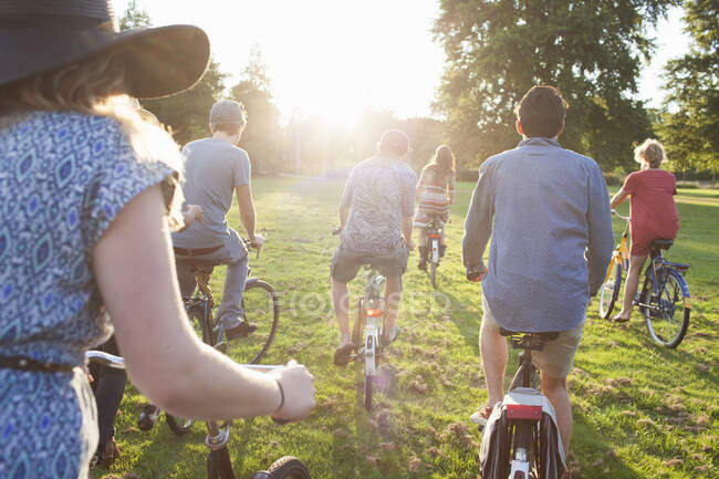 Vista trasera de la fiesta de adultos que llegan al parque en bicicletas al atardecer - foto de stock